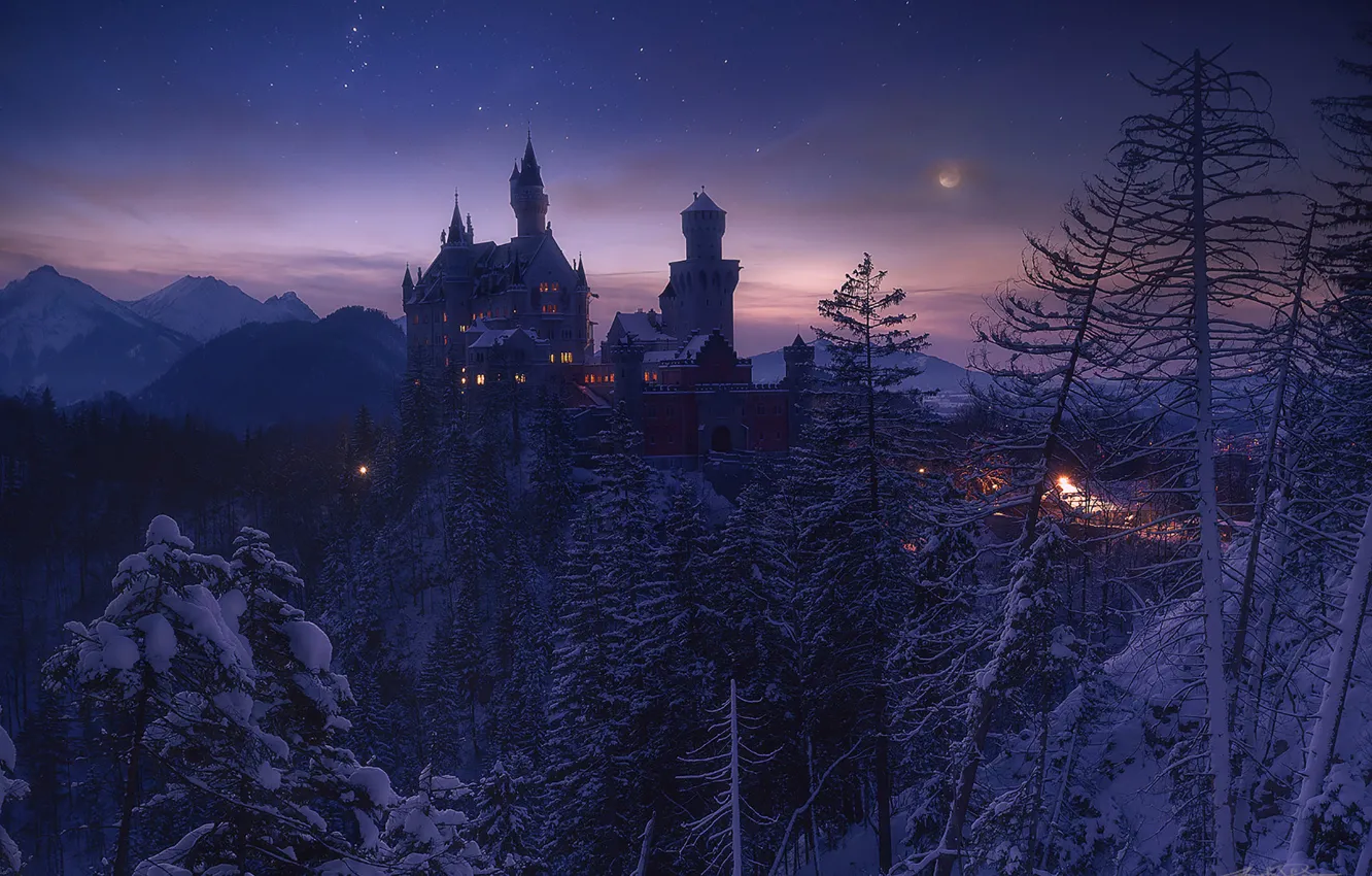 Photo wallpaper winter, snow, night, castle, Neuschwanstein