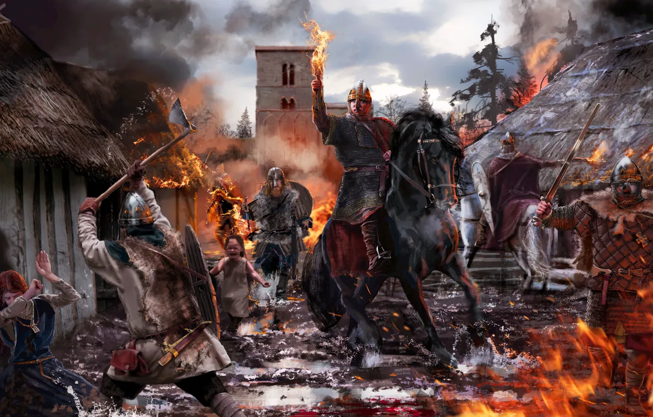 Photo wallpaper Home, Fire, People, Soldiers, Horse, The Normans are robbing the neighborhood