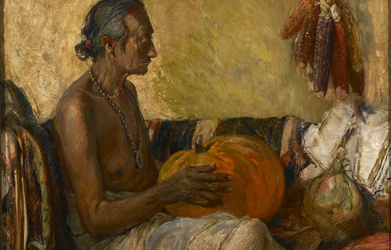 Photo wallpaper corn, medallion, pumpkin, old Indian, Oscar Edmund Berninghaus, Harvest Season