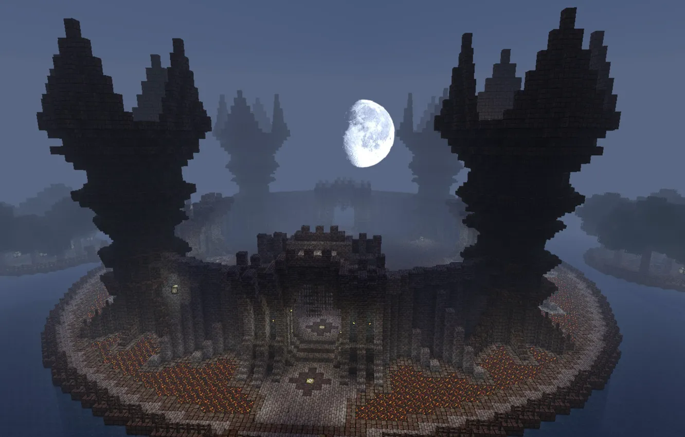 Photo wallpaper water, trees, night, the moon, shore, island, tower, kralli