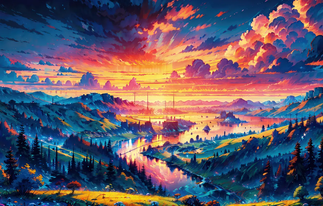 Photo wallpaper forest, landscape, scenery, sunrise, digital art, cloudy, AI Generated