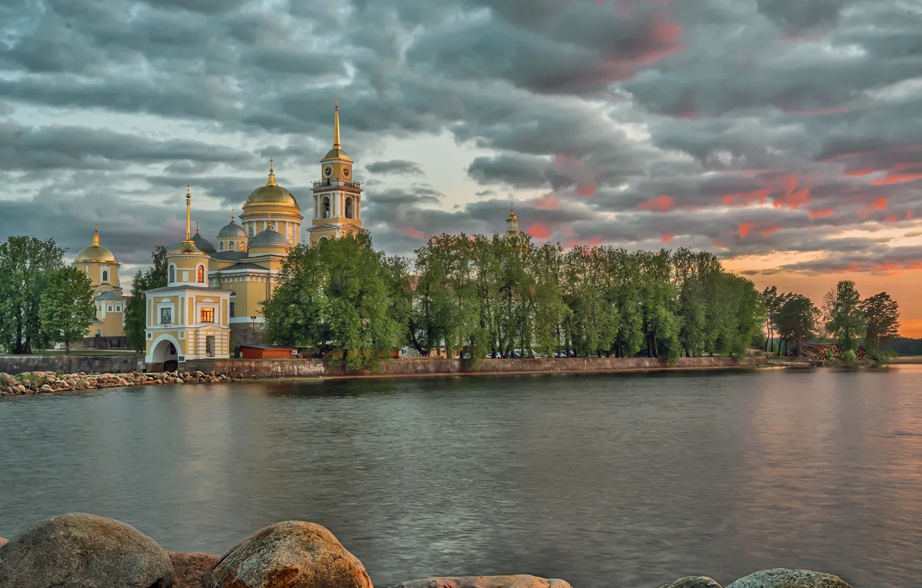 Photo wallpaper water, landscape, lake, stones, the evening, the monastery, Seliger, Nilo-Stolobenskaya Pustyn'
