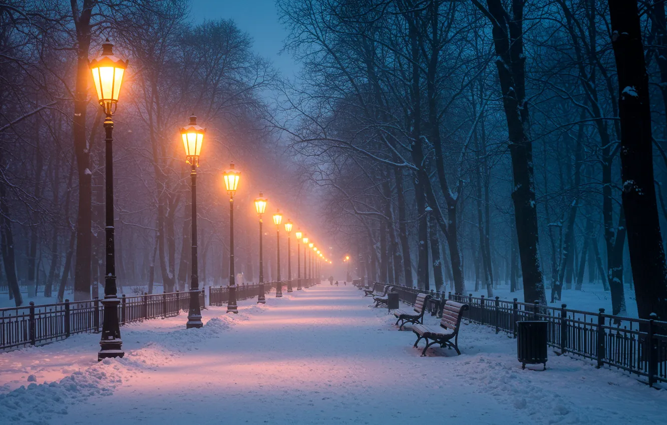 Photo wallpaper snow, Park, lights, alley, The Deputy