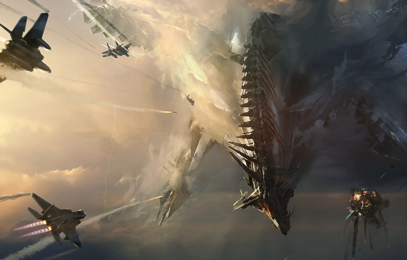 Photo wallpaper the sky, dragon, art, battle, the plane, Adam Burn