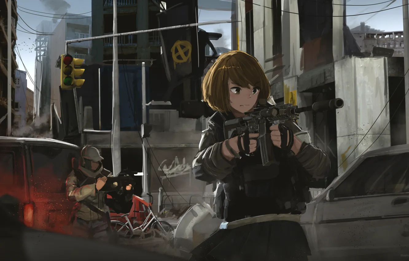 Photo wallpaper girl, weapons, anime