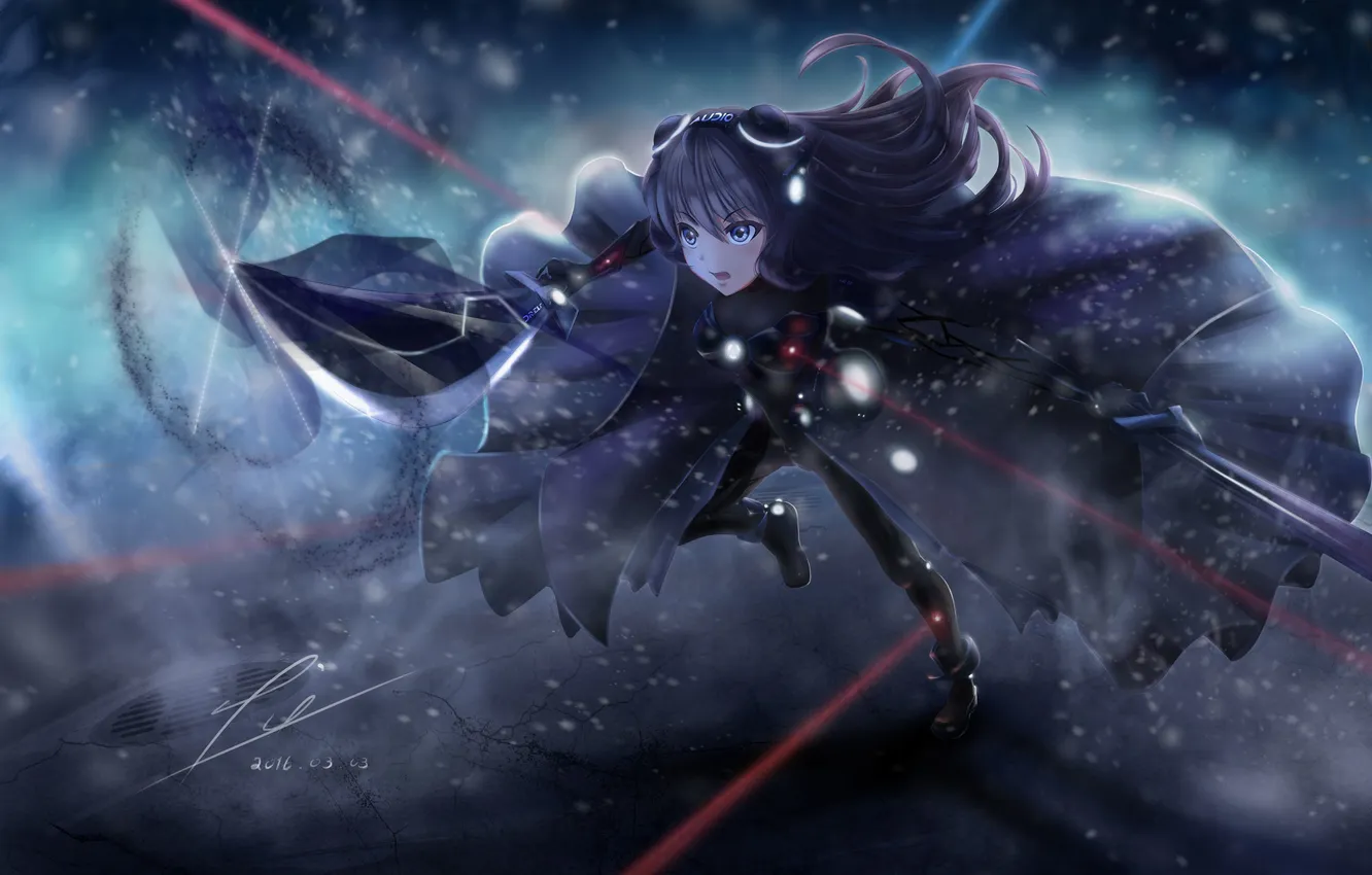 Photo wallpaper girl, snow, weapons, sword, anime, art, cloak, gradonlong