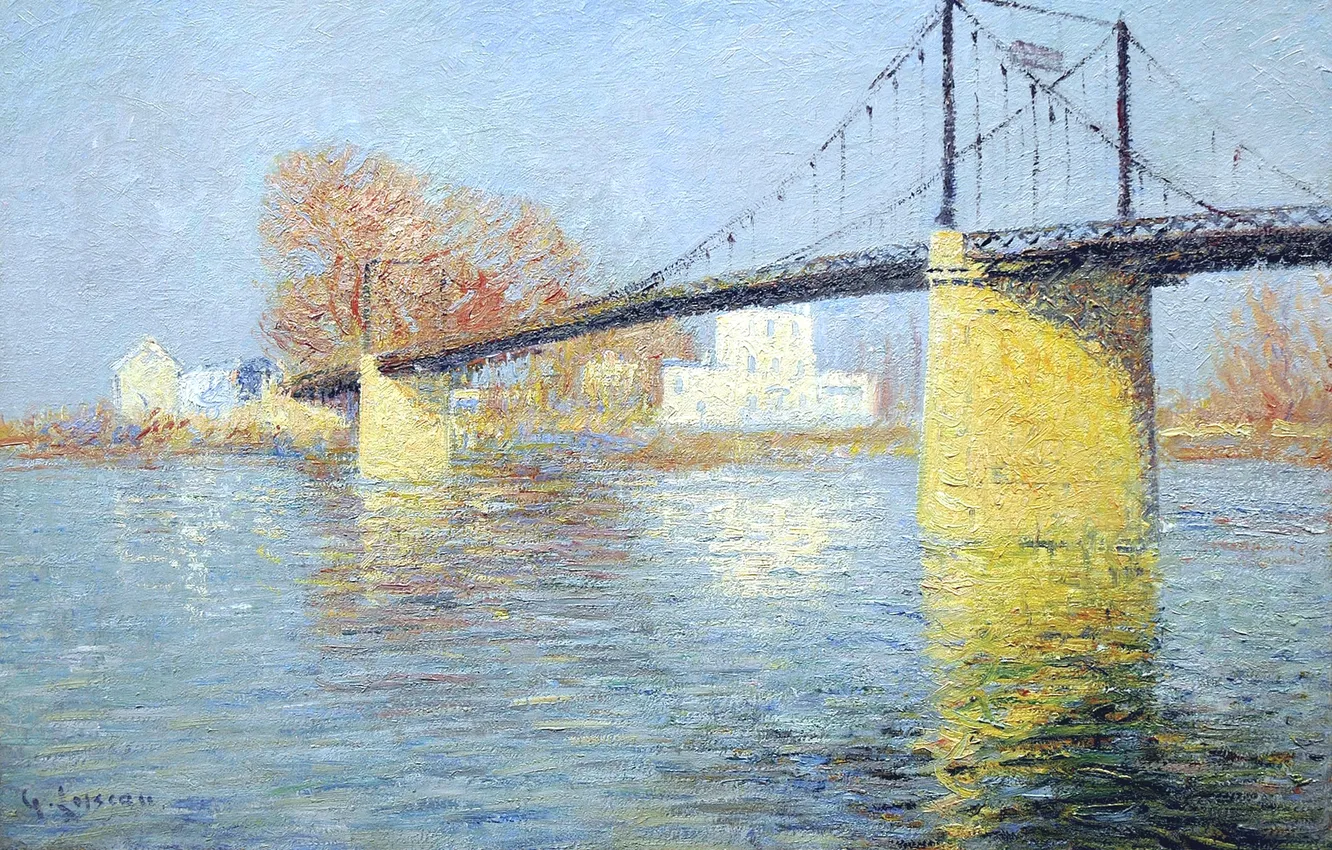 Photo wallpaper the sky, trees, landscape, river, picture, Gustave Loiseau, The suspension bridge at Triel-sur-Seine
