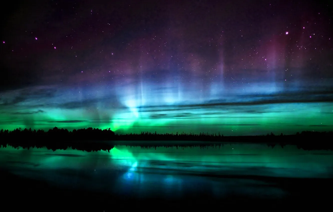 Photo wallpaper the sky, stars, trees, lake, Northern lights