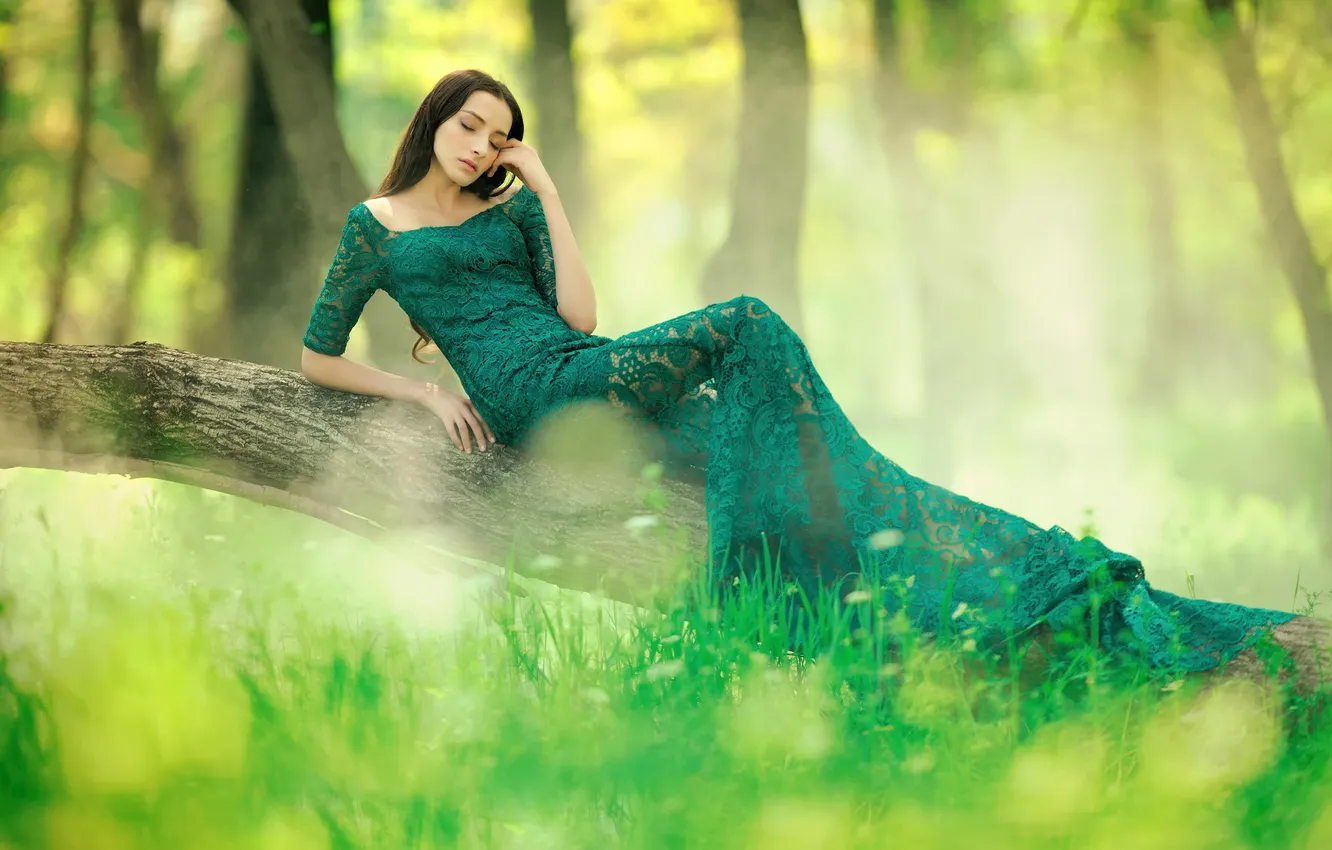 Photo wallpaper greens, forest, girl, dress, in green, Rafa