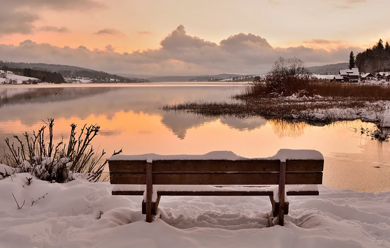 Photo wallpaper twilight, sunset, winter, lake, snow, dusk, village, bench