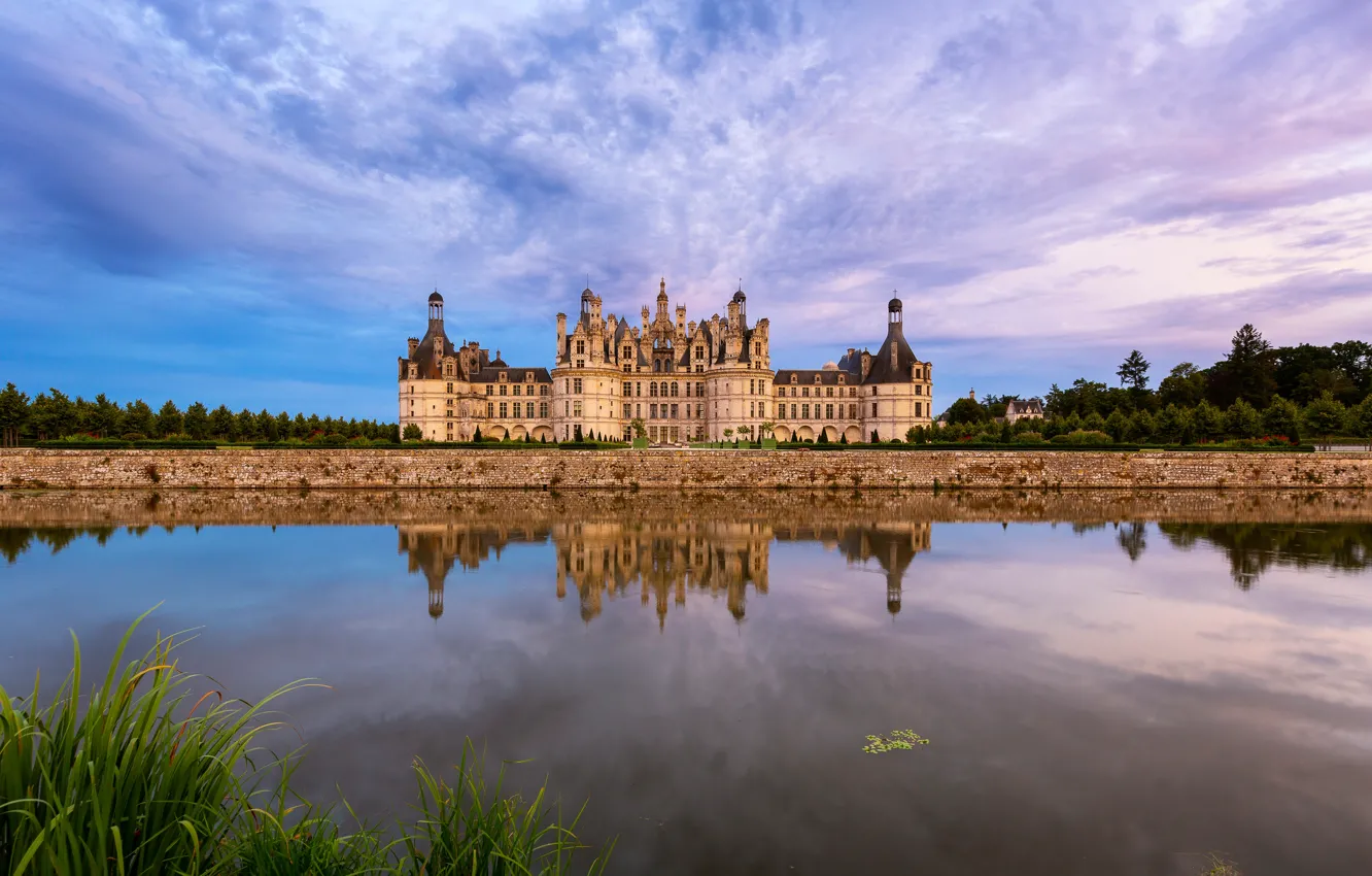 Photo wallpaper the sky, reflection, river, castle, France, France, Chambord, The Loire Valley