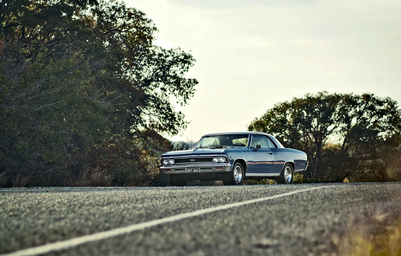 Photo wallpaper road, the sky, trees, lights, Chevrolet, wheel, 1966, Chevelle