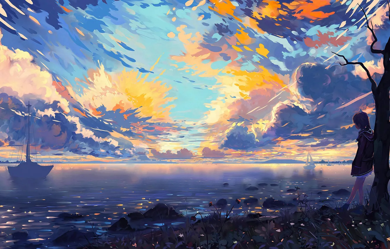 Photo wallpaper colorful, sky, clouds, lake, tree, mood, painting, digital art