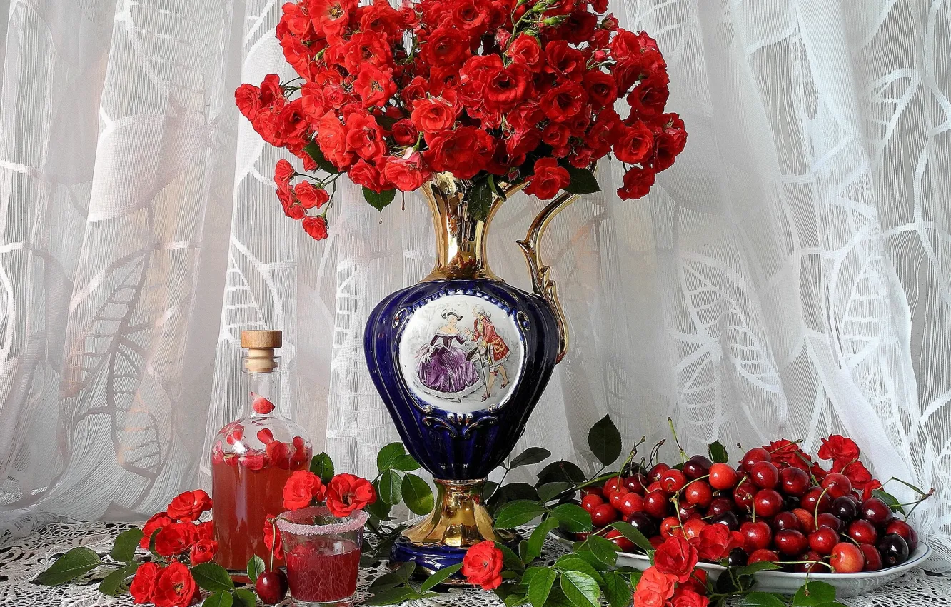 Photo wallpaper flowers, berries, roses, vase, still life, cherry, napkin, tulle