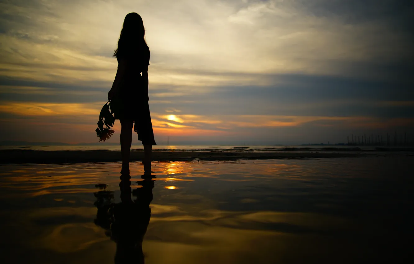Photo wallpaper sea, the sky, girl, sunset, night, walk