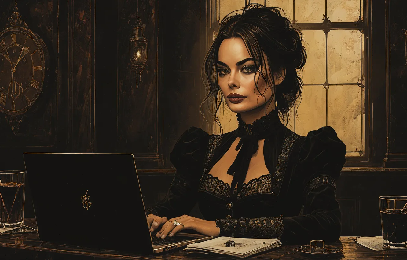 Photo wallpaper girl, style, hairstyle, laptop