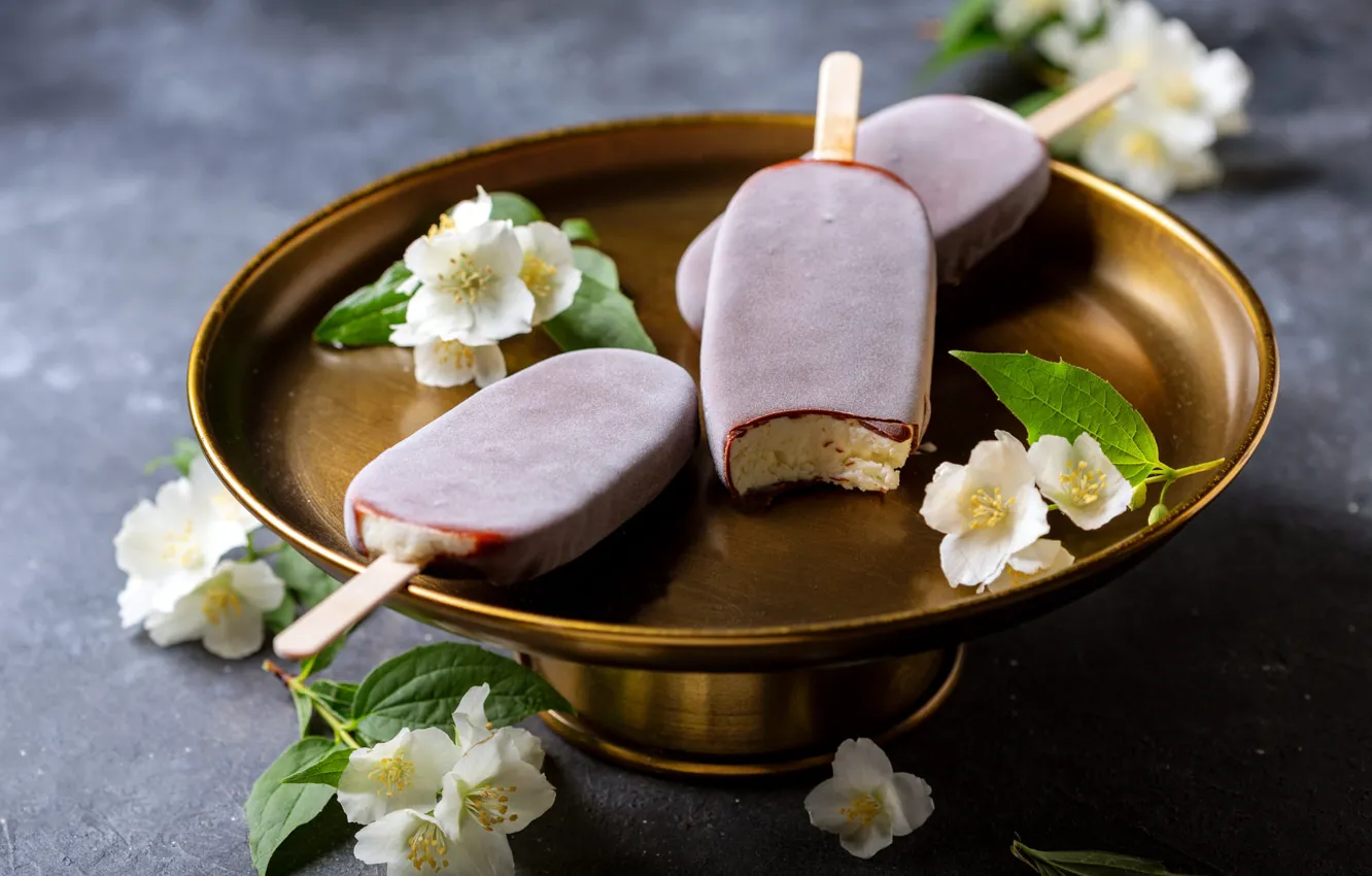 Photo wallpaper flowers, food, ice cream, dessert, Popsicle, stand, tray, berry