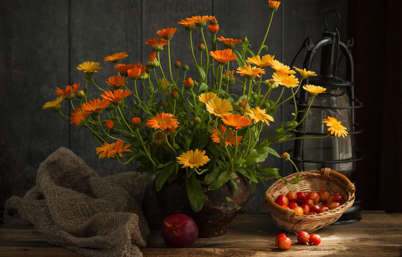 Photo wallpaper flowers, orange, cherry, berries, table, Board, bouquet, lights