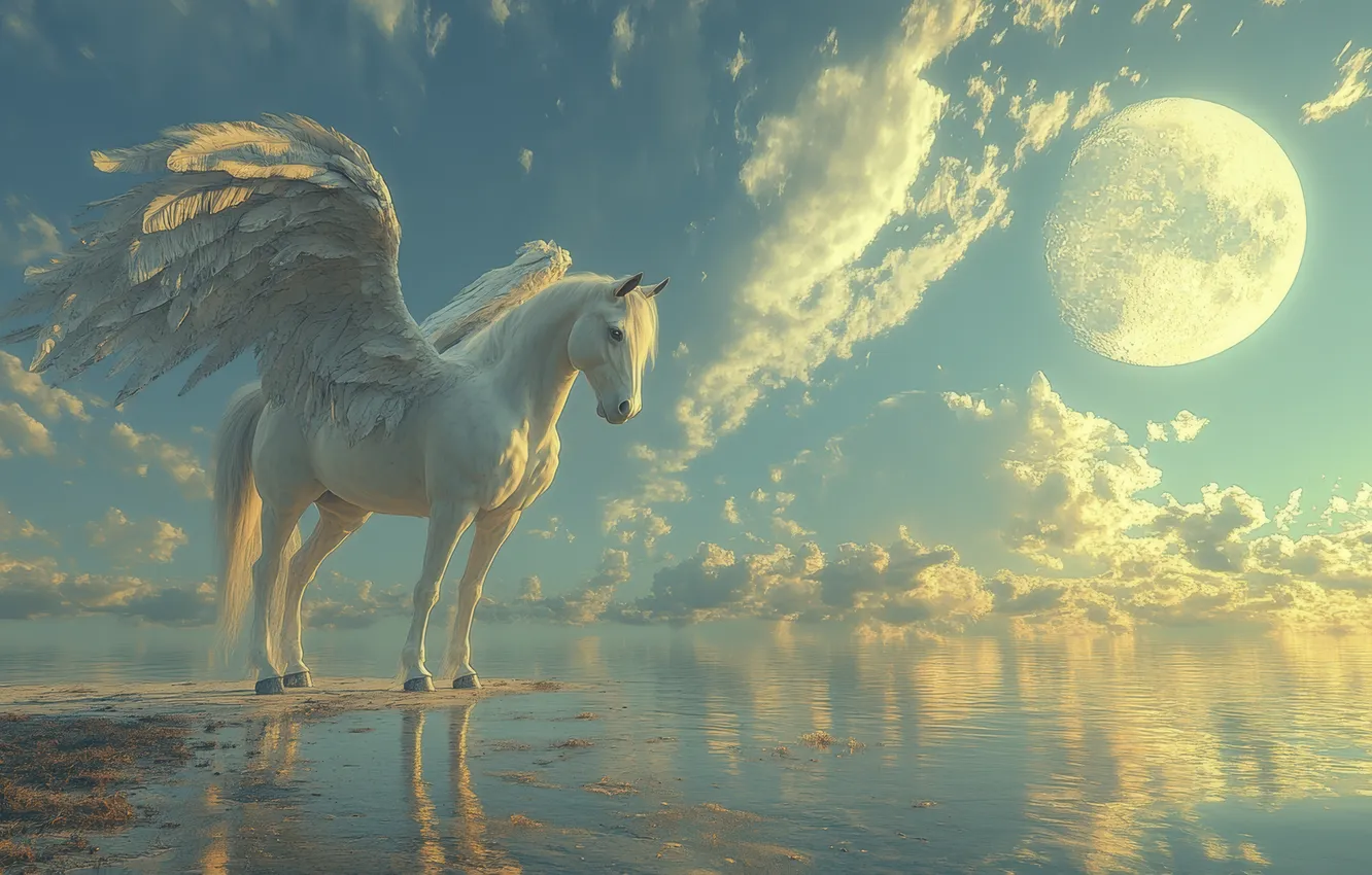 Photo wallpaper sea, clouds, dawn, the moon, horse, wings, Pegasus, digital art