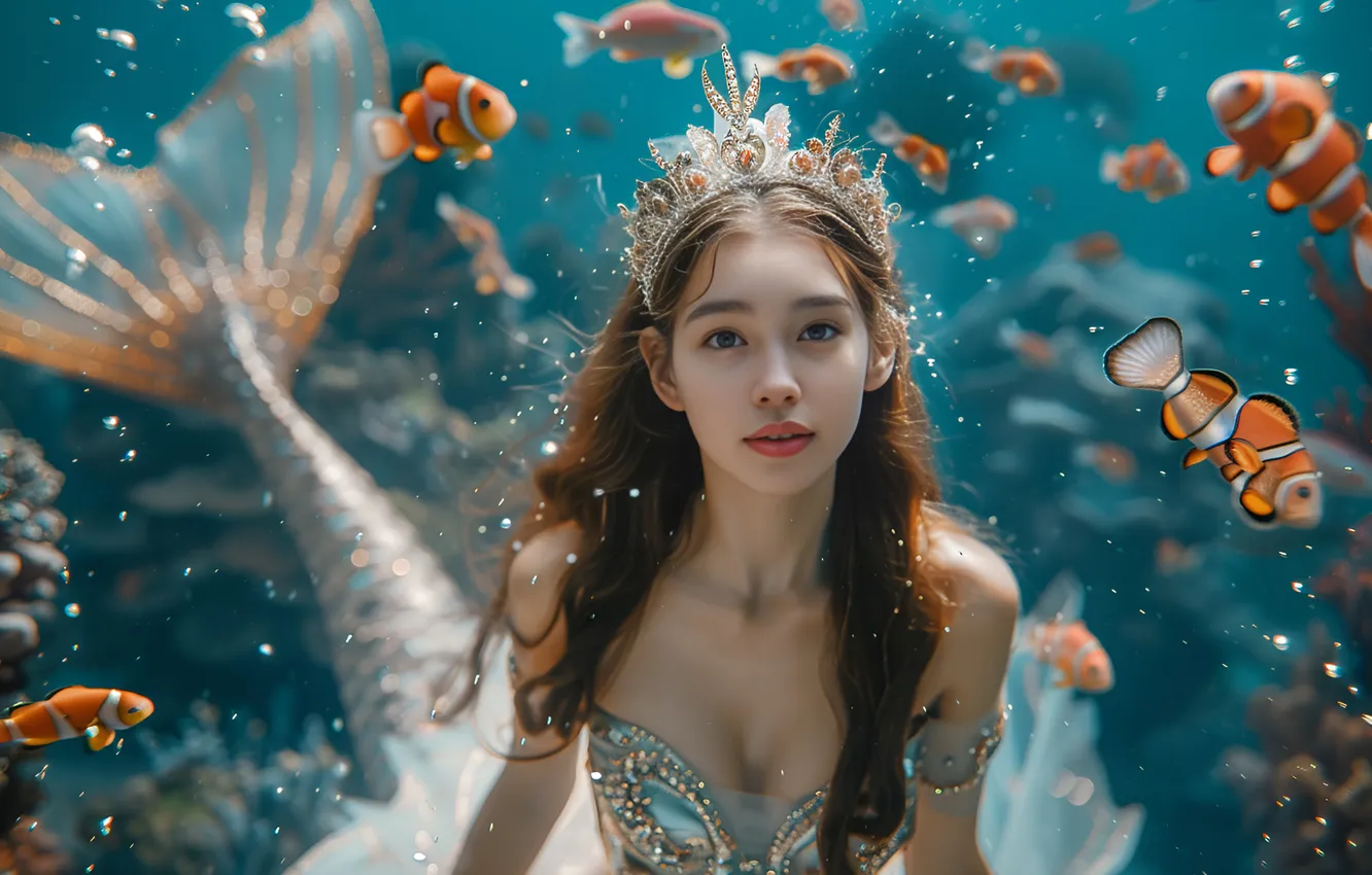 Photo wallpaper girl, hair, mermaid, fish, crown, tail, underwater world, digital art