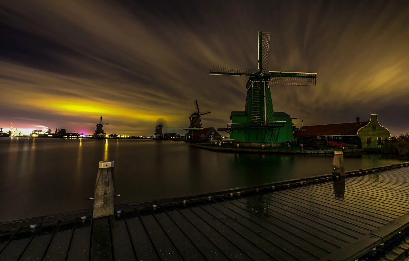 Photo wallpaper night, bridge, lights, channel, Netherlands, windmill, The Zaanse Schans