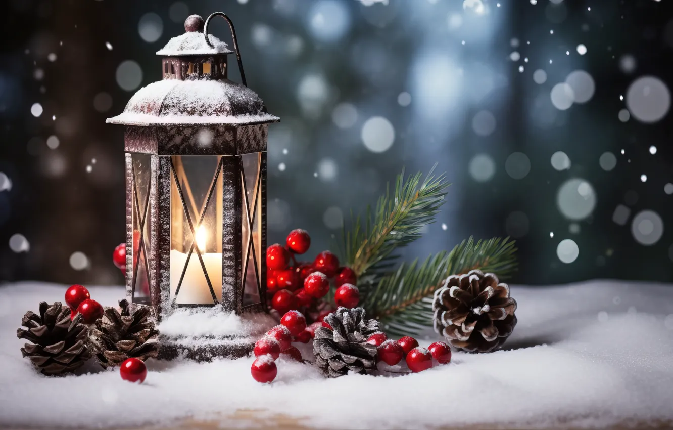 Photo wallpaper winter, snow, decoration, night, new year, Christmas, lights, light