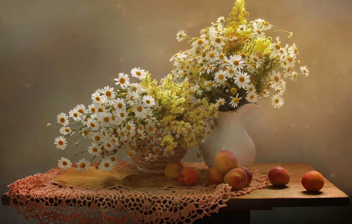 Photo wallpaper summer, flowers, chamomile, August, still life, apricots