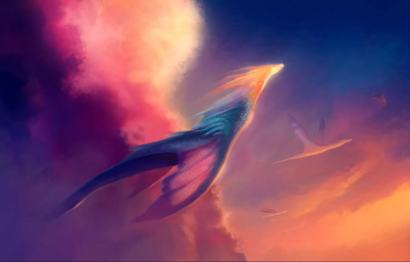 Photo wallpaper the sun, light, flight, clouds, dragon, art, Neo