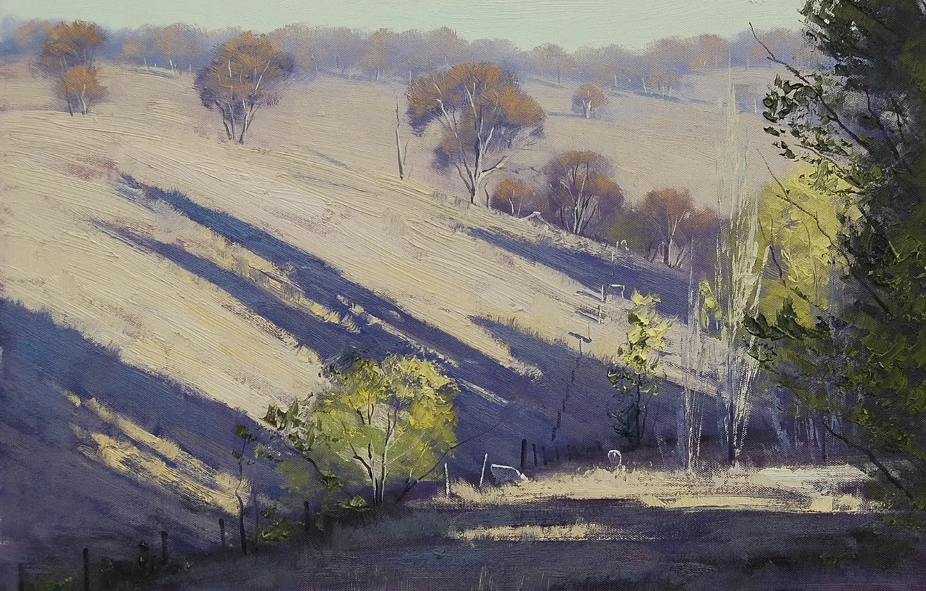 Photo wallpaper trees, nature, hills, the fence, shadow, art, Sunny, ARTSAUS