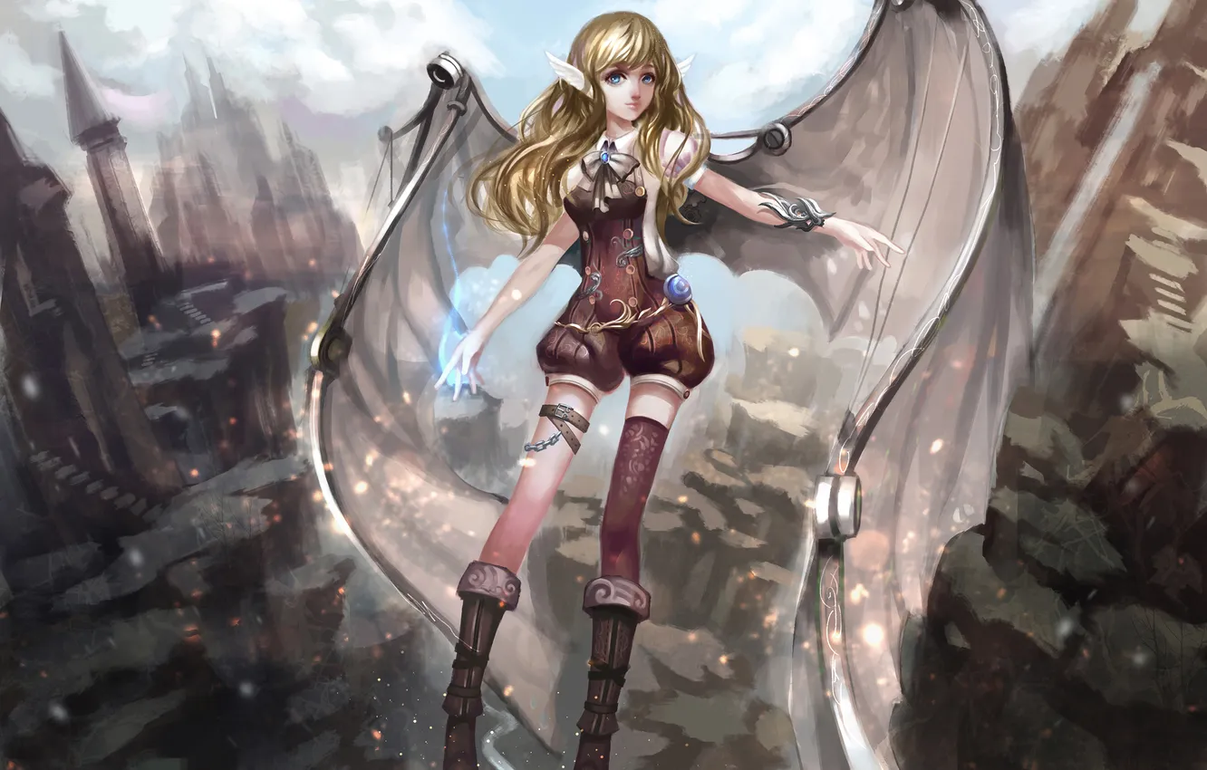 Photo wallpaper the sky, girl, clouds, the city, castle, wings, anime, art