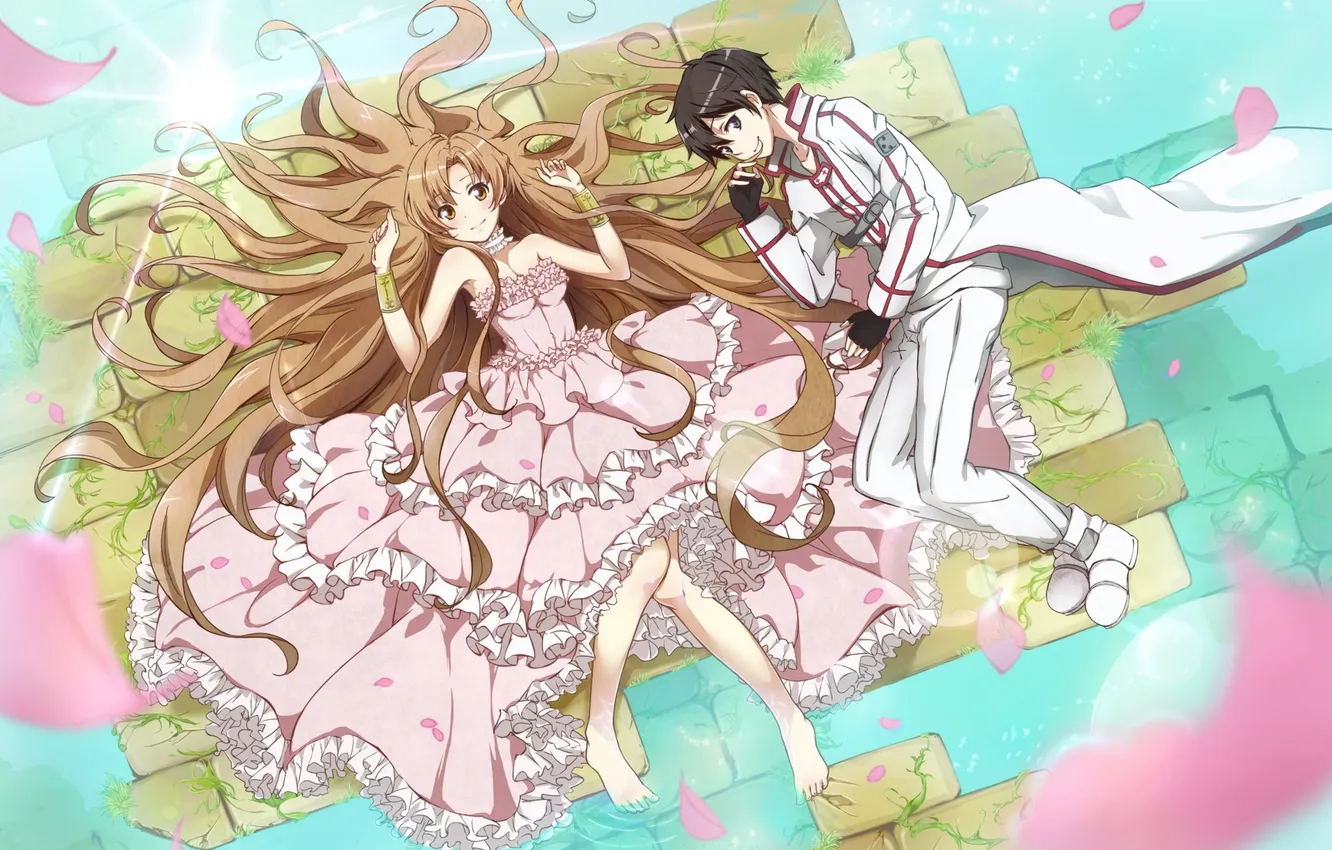 Photo wallpaper girl, smile, anime, petals, art, guy, sword art online, yuuki asuna