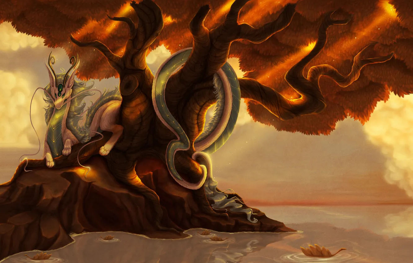 Photo wallpaper leaves, trees, lake, dragon, art