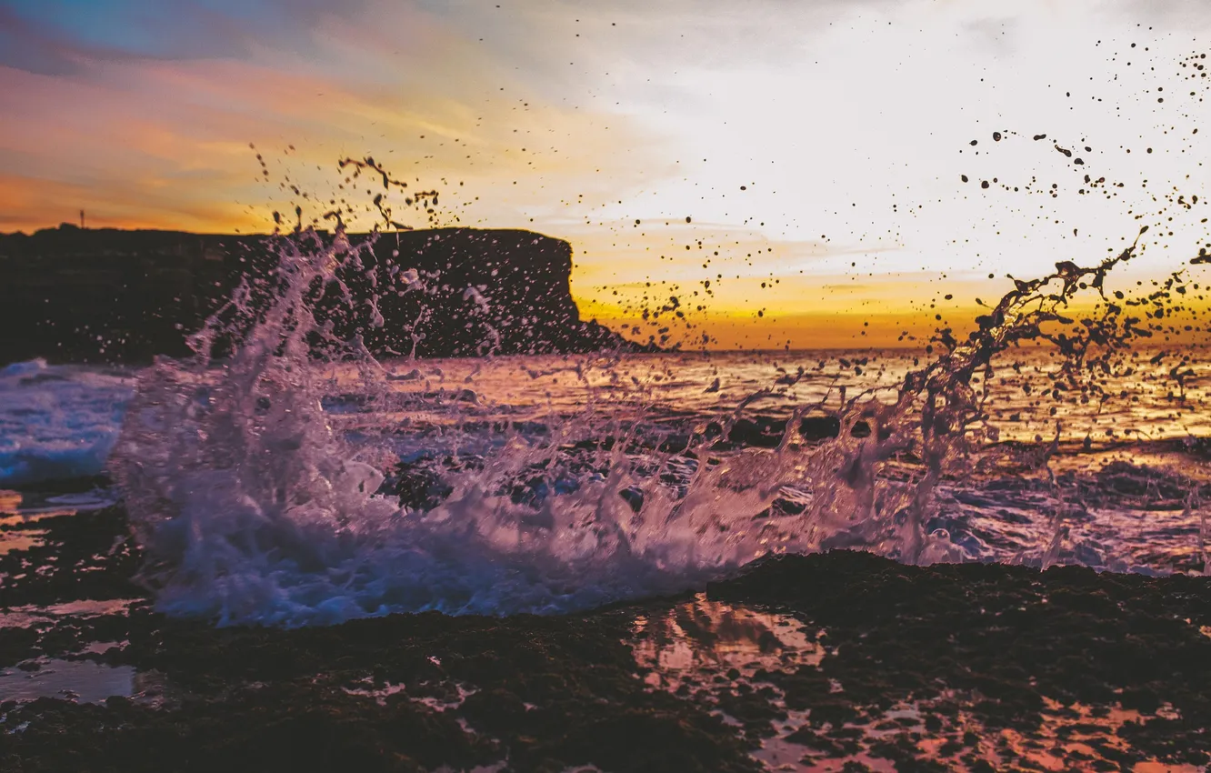 Photo wallpaper sea, wave, the sky, sunset, squirt, rock, rock