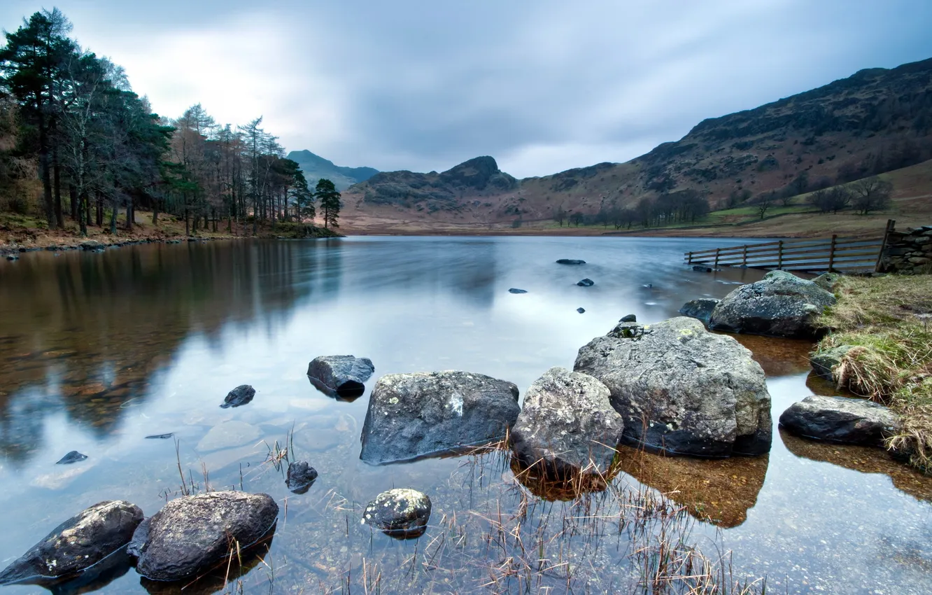 Photo wallpaper landscape, nature, lake, stones