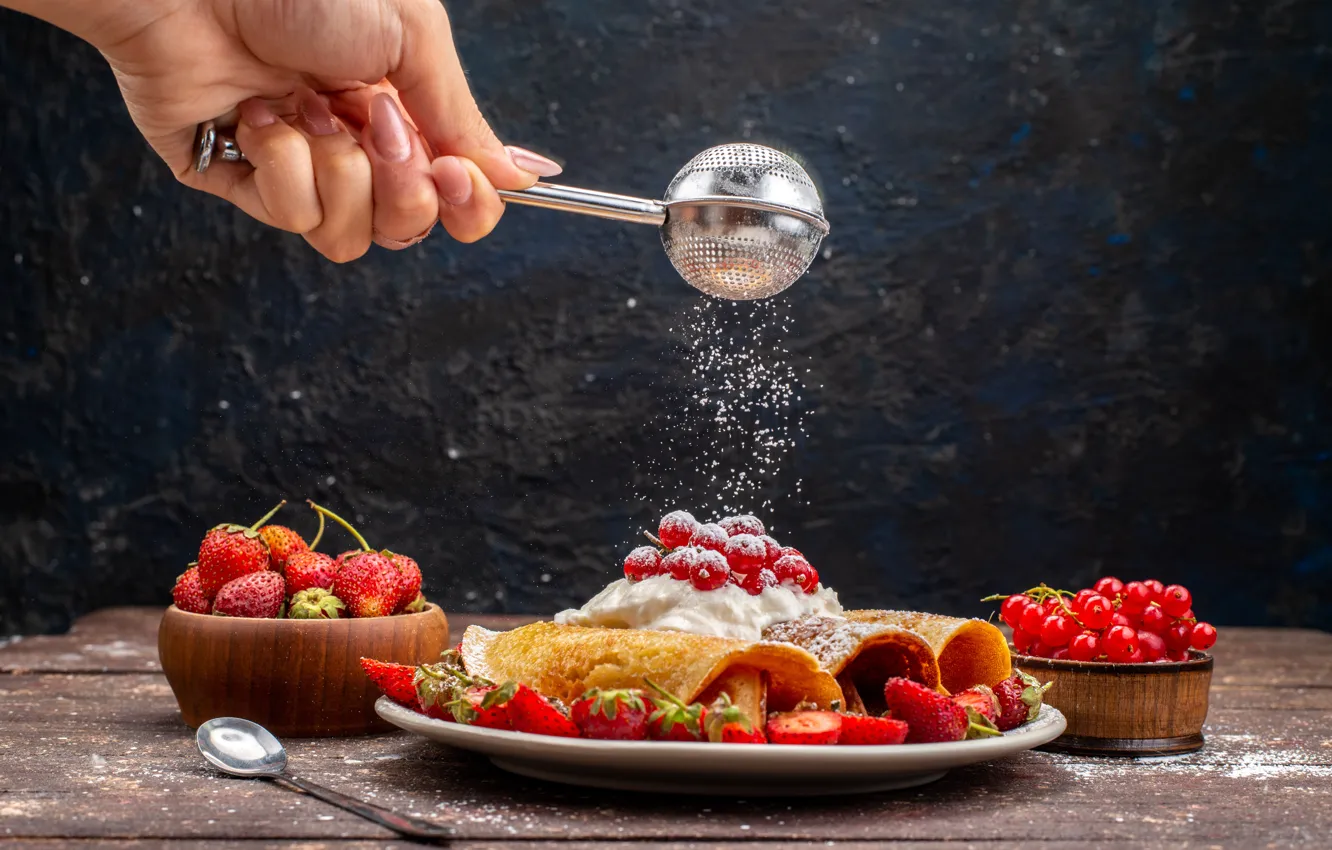 Photo wallpaper cherry, hands, stack, pancakes, cherry, pancakes, pancakes, strainer
