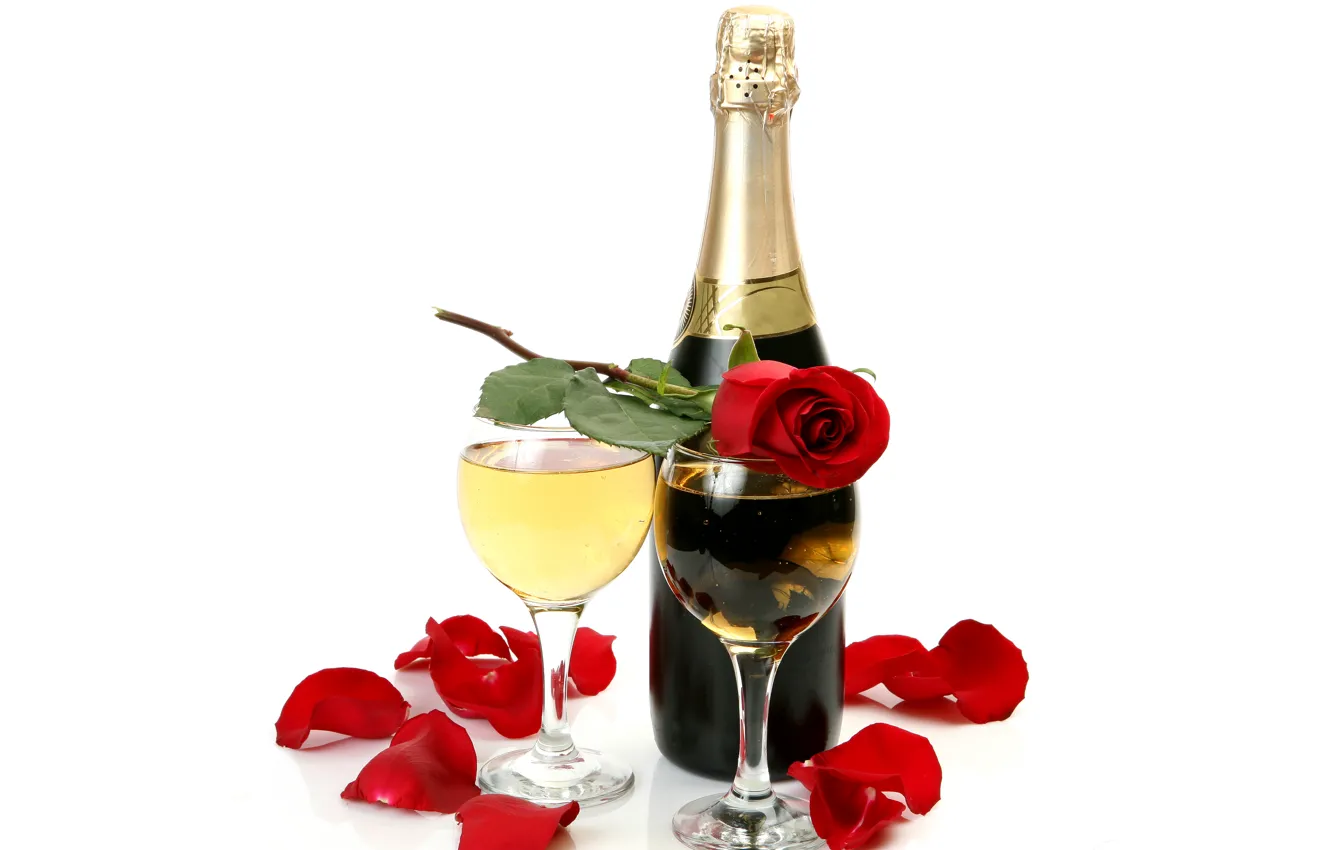 Photo wallpaper red, wine, glass, bottle, roses, petals, white background, champagne