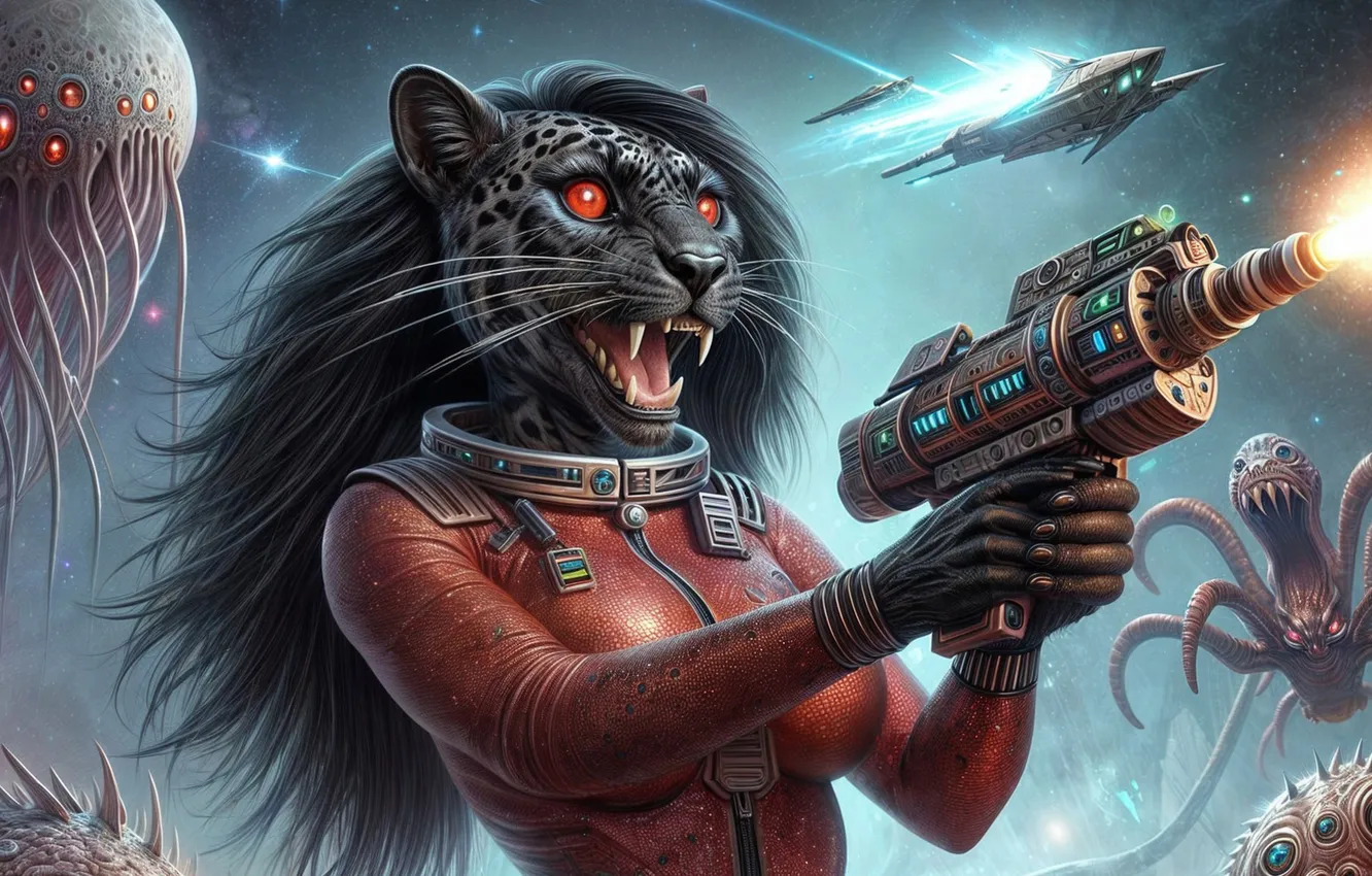 Photo wallpaper girl, weapons, fiction, monster, fantasy, Blaster, starship, furry