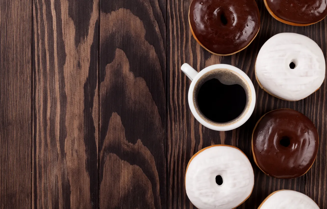 Photo wallpaper donuts, wood, coffee, donuts, chocalate