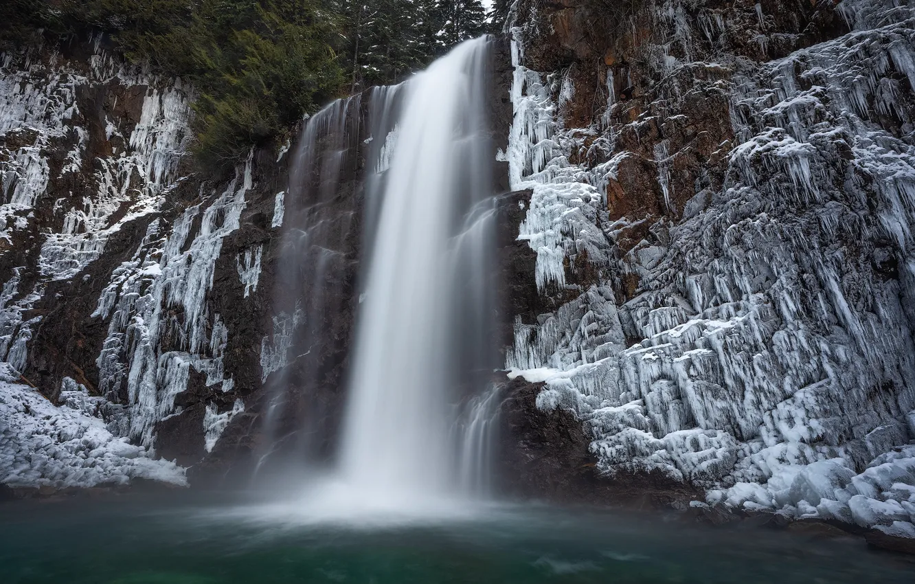 Photo wallpaper ice, river, rocks, waterfall, Washington, Washington State, Snoqualmie River, Snoqualmie River