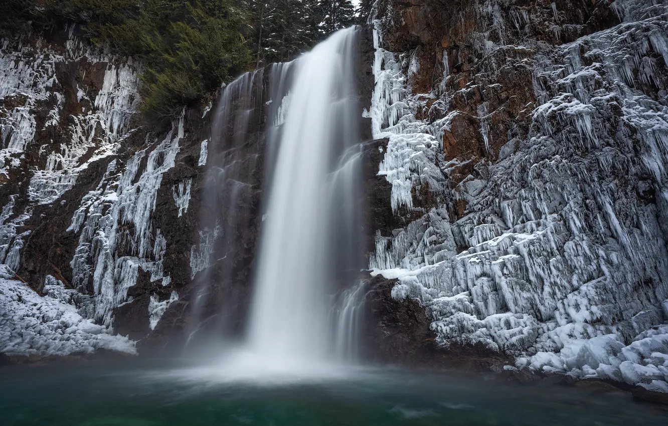 Photo wallpaper rock, river, waterfall, ice, Washington State, Washington, Snoqualmie River, Snoqualmie River
