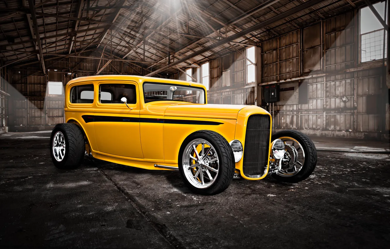 Photo wallpaper yellow, retro, hangar, classic, hot-rod, classic car