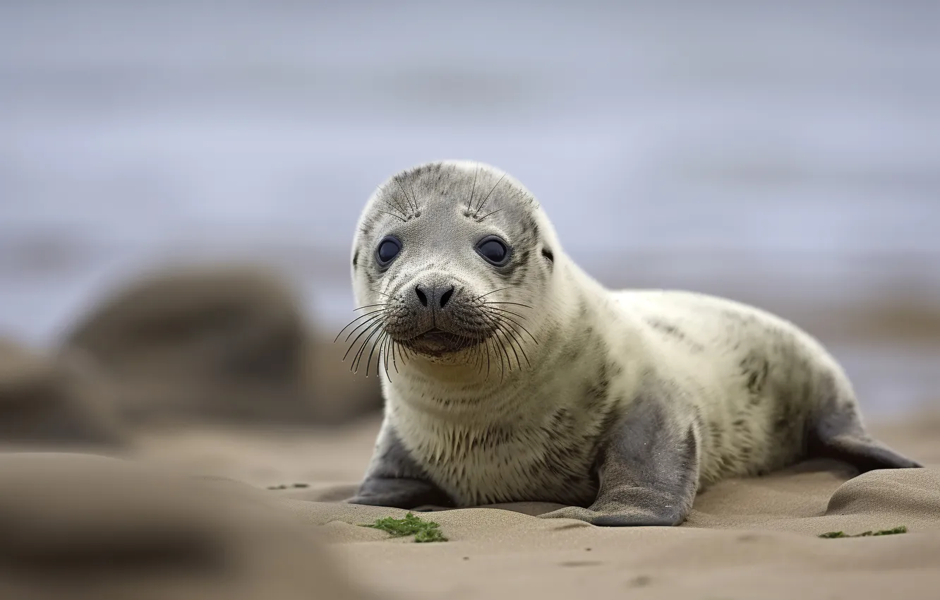 Photo wallpaper sand, look, nature, shore, seal, cub, face, Navy seal