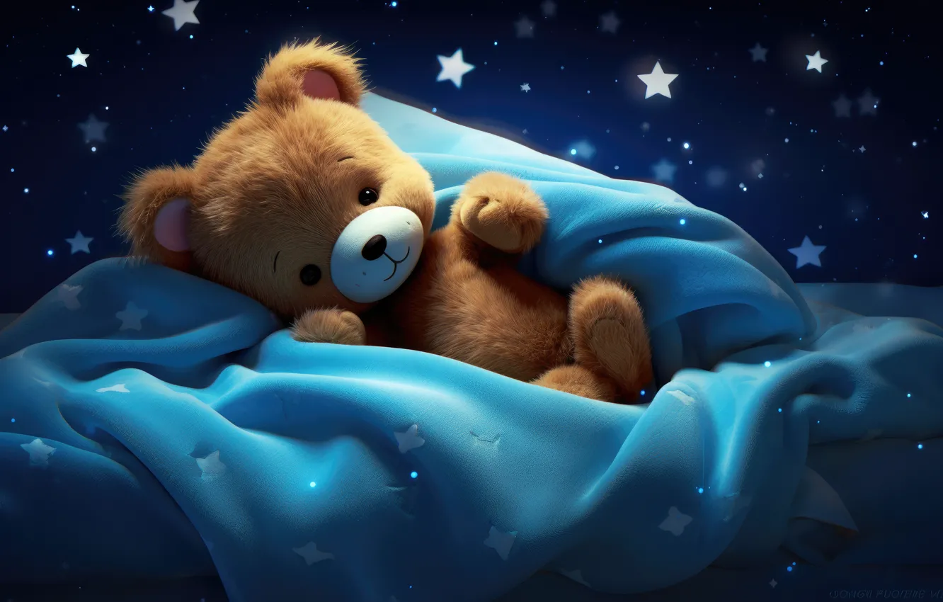 Photo wallpaper stars, pose, comfort, toy, sleep, blanket, bear, bear