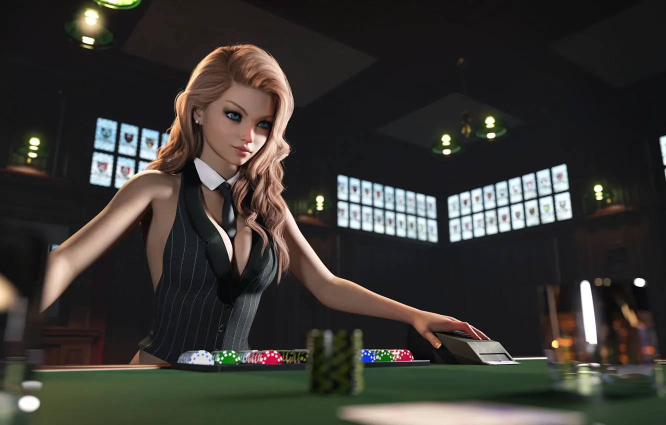 Photo wallpaper women, Poker, digital art, tie, vest, casino, cards, necktie