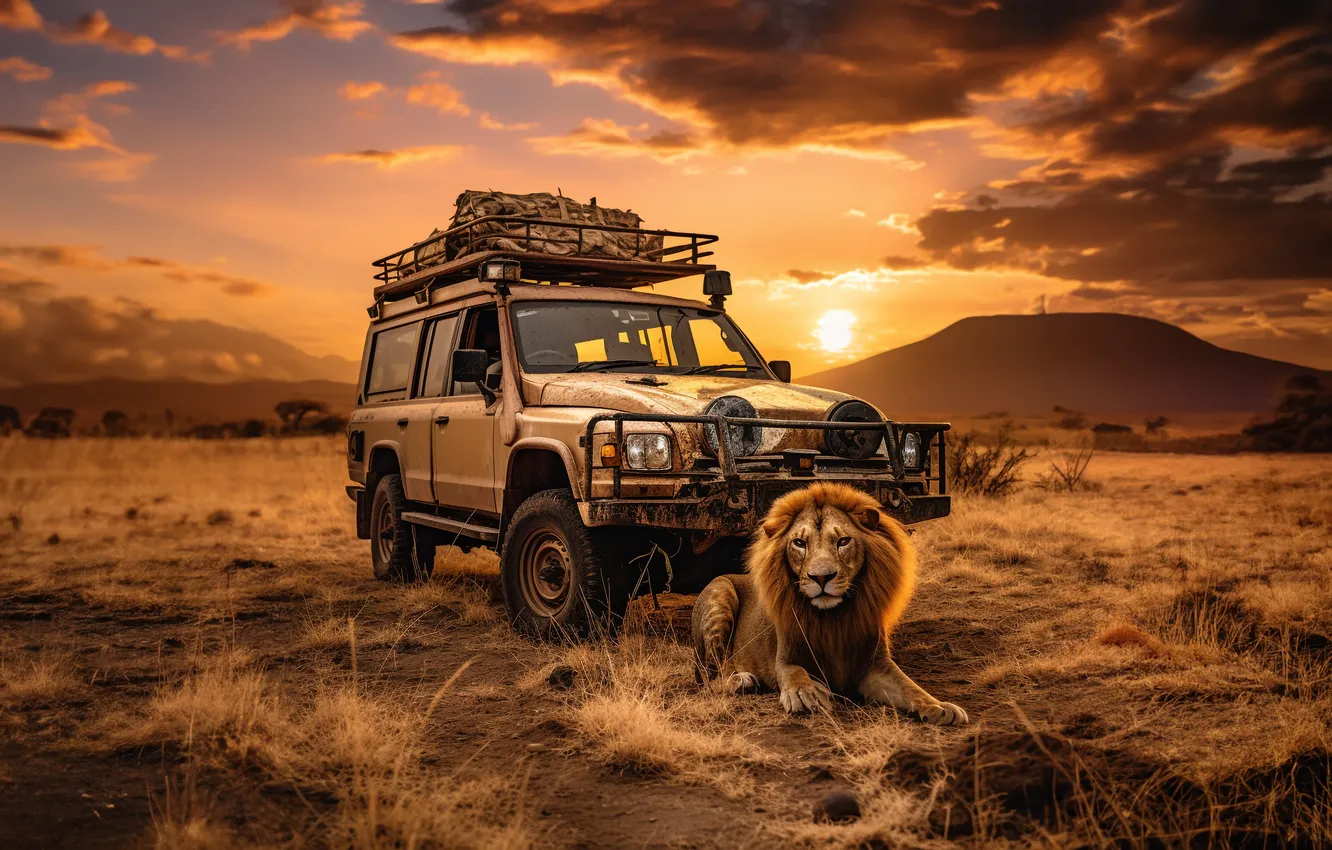 Photo wallpaper grass, clouds, sunset, predator, Leo, jeep, Savannah, digital art