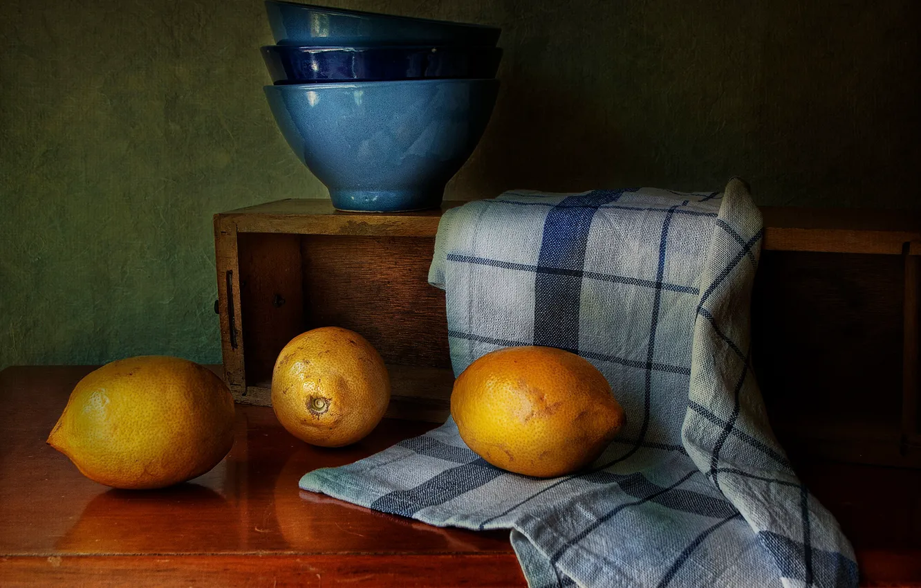 Photo wallpaper table, towel, still life, box, lemons, bowls, bowls