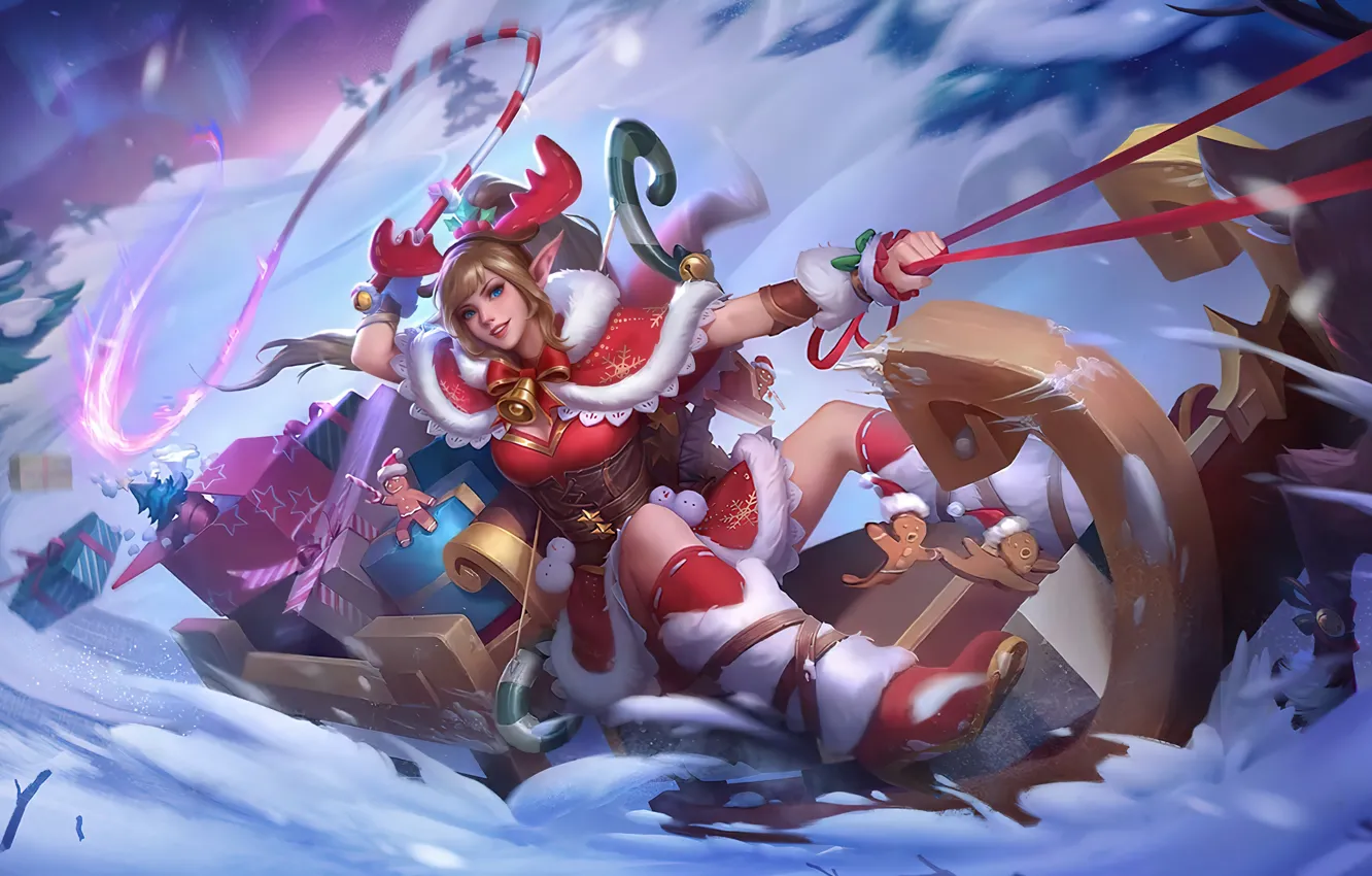 Photo wallpaper snow, smile, holiday, the game, speed, Northern lights, game, sleigh