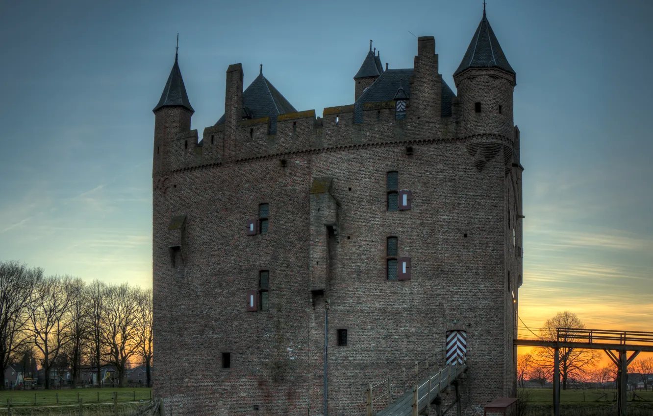 Photo wallpaper the sky, trees, sunset, castle, glade, home, Netherlands, ditch