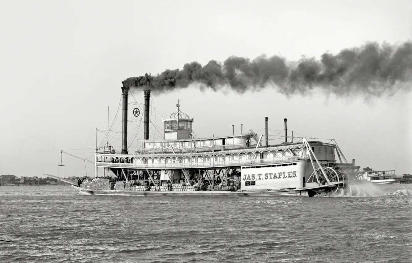 Photo wallpaper retro, river, smoke, steamer