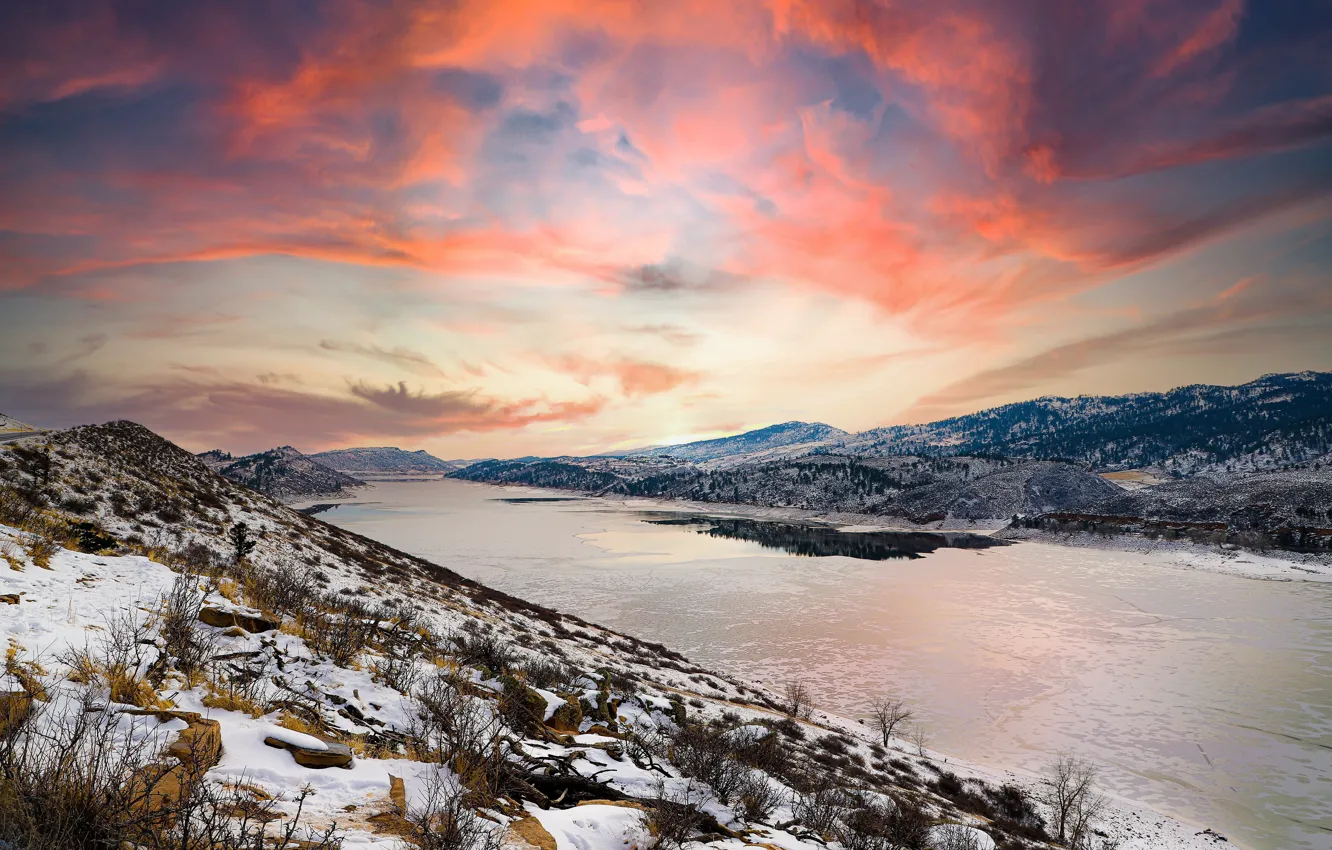 Photo wallpaper sunset, Winter, USA, Colorado, Colorado, Winter Sunset, Horsetooth Reservoir, Horsetooth Reservoir